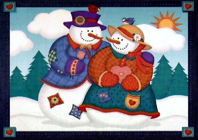 Feb Snowman, tree, sun, snowman, heart, HD wallpaper