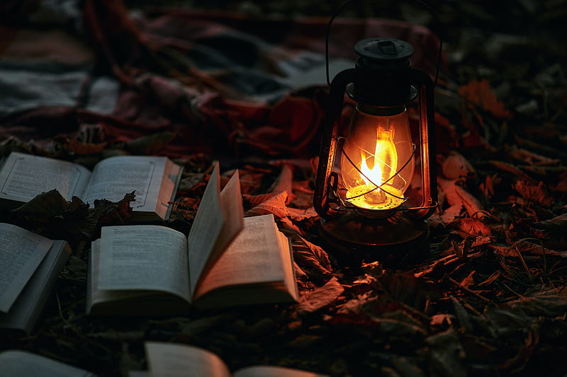 gas lamp, books, fire, light, lighting, HD wallpaper
