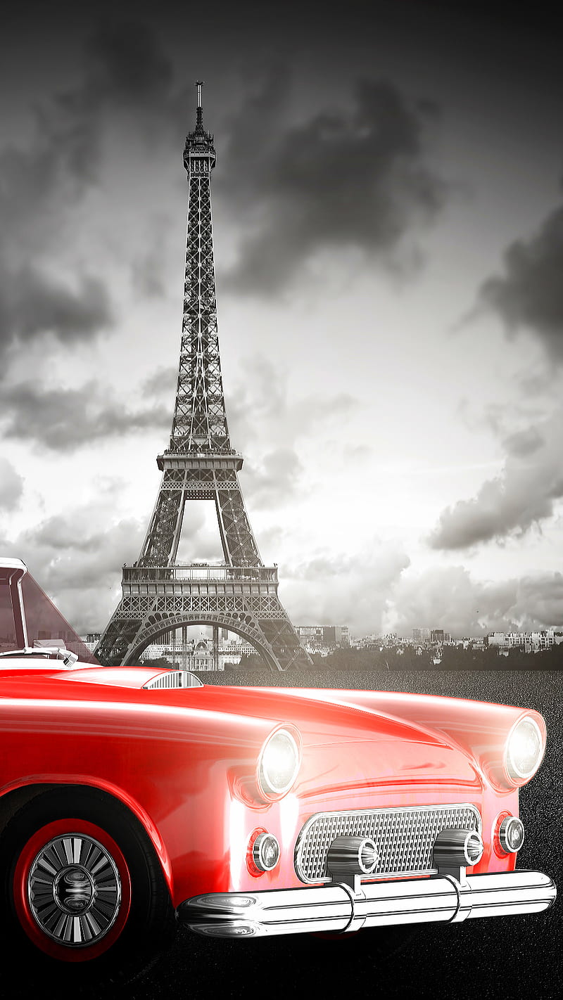 Paris, car, clouds, eiffel, france, red, sky, tower, HD phone wallpaper