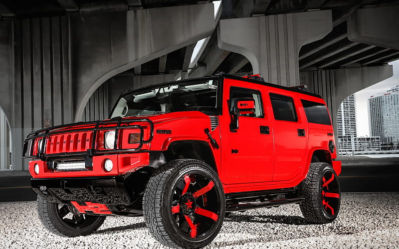 Hummer H2, American SUV, tuning Hummer, red H2, American cars, red-black wheels, Hummer, HD wallpaper