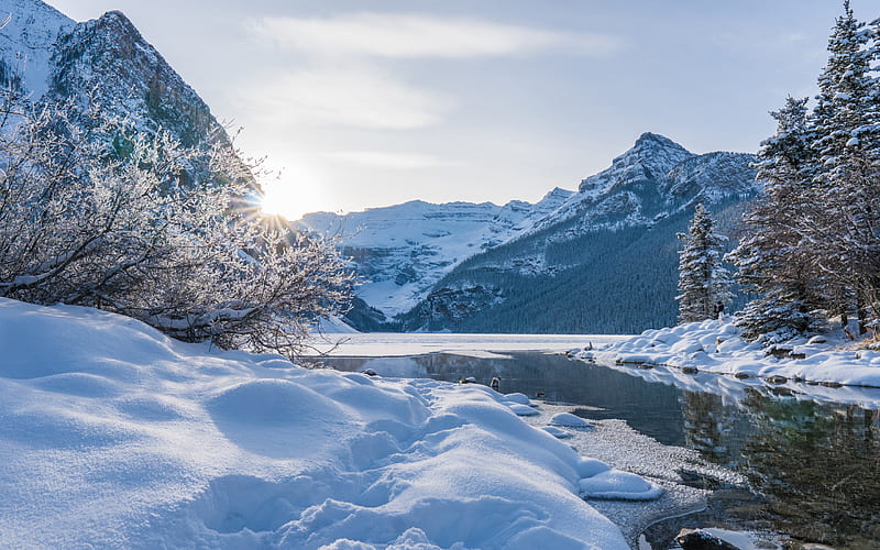 Lake Louise, Rocky Mountains, winter lake, winter landscape, winter, snow, Banff National Park, Alberta, Canada, HD wallpaper