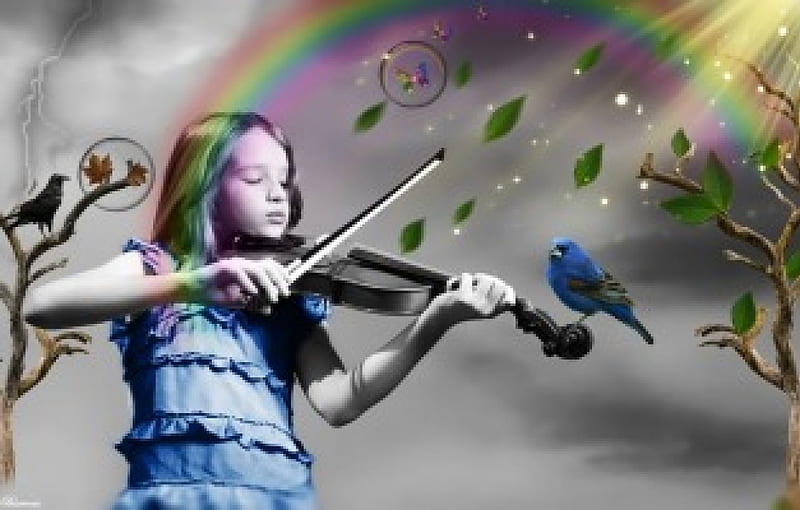 *Hope for a better world*, violin, bubble, birds, rainbow, old, leaves, sunrays, butterfly, grey background, little girl, new, hope for a better world, HD wallpaper