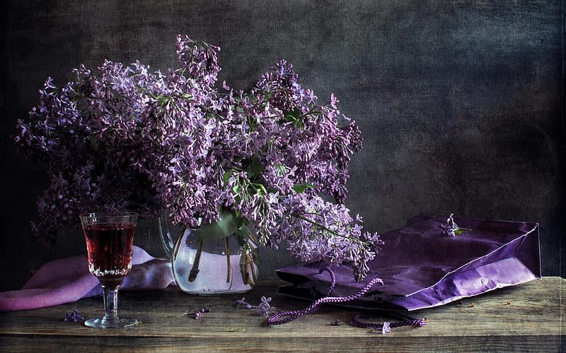 Still Life, with love, lilac, red, pretty bag, vase, bonito, graphy, tenderness color, flowers, beauty, for you, harmony, lovely, romantic, romance, wine, colors, spring, glass of wine, lilacs, glass, purple, flower, scarf, nature, HD wallpaper