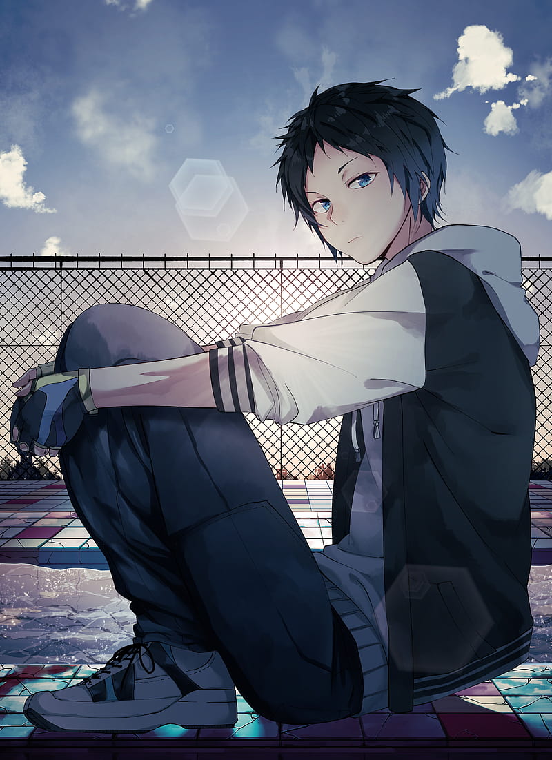 anime boy, sunlight, fence, rooftop, clouds, sky, Anime, HD phone wallpaper