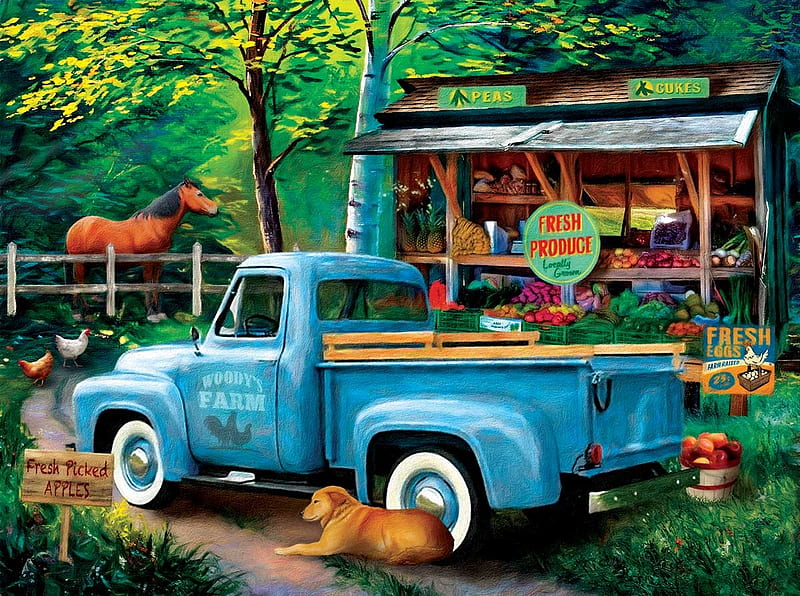 Woody's Farm Stand, fence, shop, hens, car, painting, horse, dog, artwork, HD wallpaper