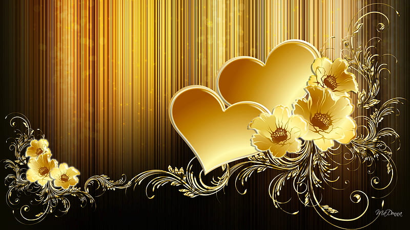 Hearts of Gold, valentines day, gold, stripes, romantic, brown, bright, flowers, corazones, HD wallpaper