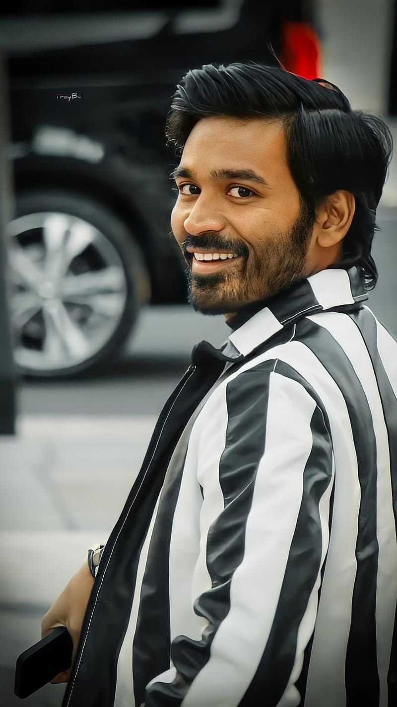 Dhanush In White And Black Jacket, dhanush , white and black, jacket, smile, actor, jagame thandhiram, south indian, HD phone wallpaper