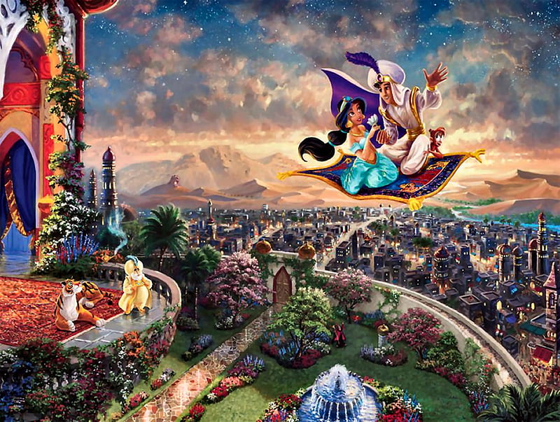 Aladdin - Fantasy F, art, bonito, illustration, Thomas Kinkade, artwork, Kinkade, fantasy, painting, wide screen, scenery, landscape, HD wallpaper