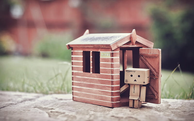 Danbo, house, cardboard robot, bokeh, danboard box, HD wallpaper