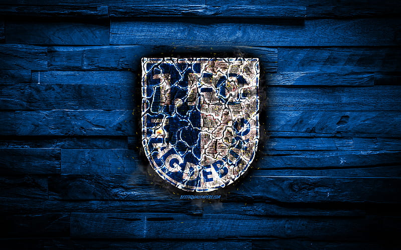 Magdeburg FC, burning logo, Bundesliga 2, blue wooden background, german football club, grunge, FC Magdeburg, football, soccer, Magdeburg logo, fire texture, Germany, HD wallpaper