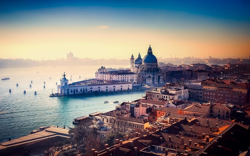 Venice, canal, buildings, morning, panorama, Italy, HD wallpaper