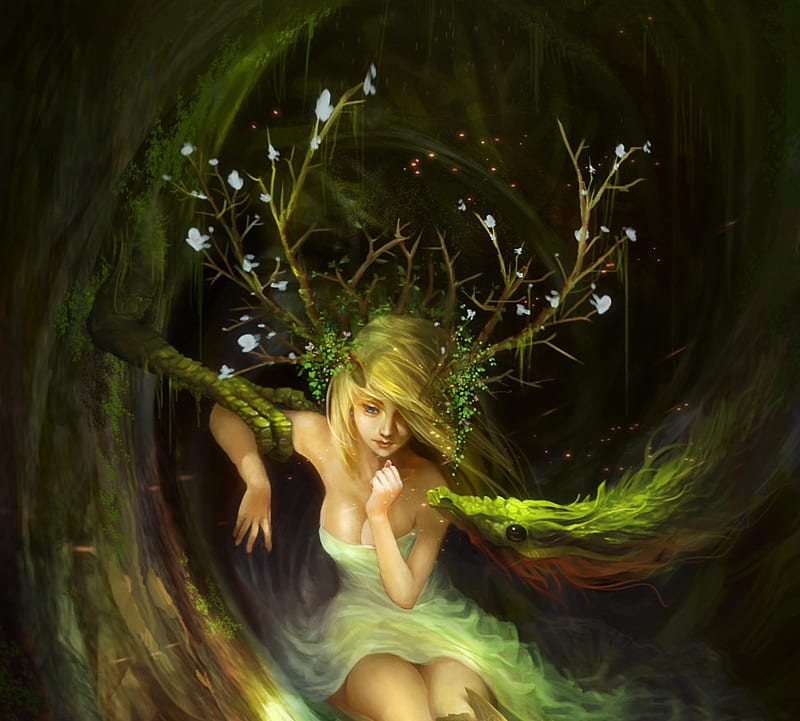Fantasy girl, art, forest, frumusete, ming yee sheh, green, luminos, dragon, creature, horns, HD wallpaper