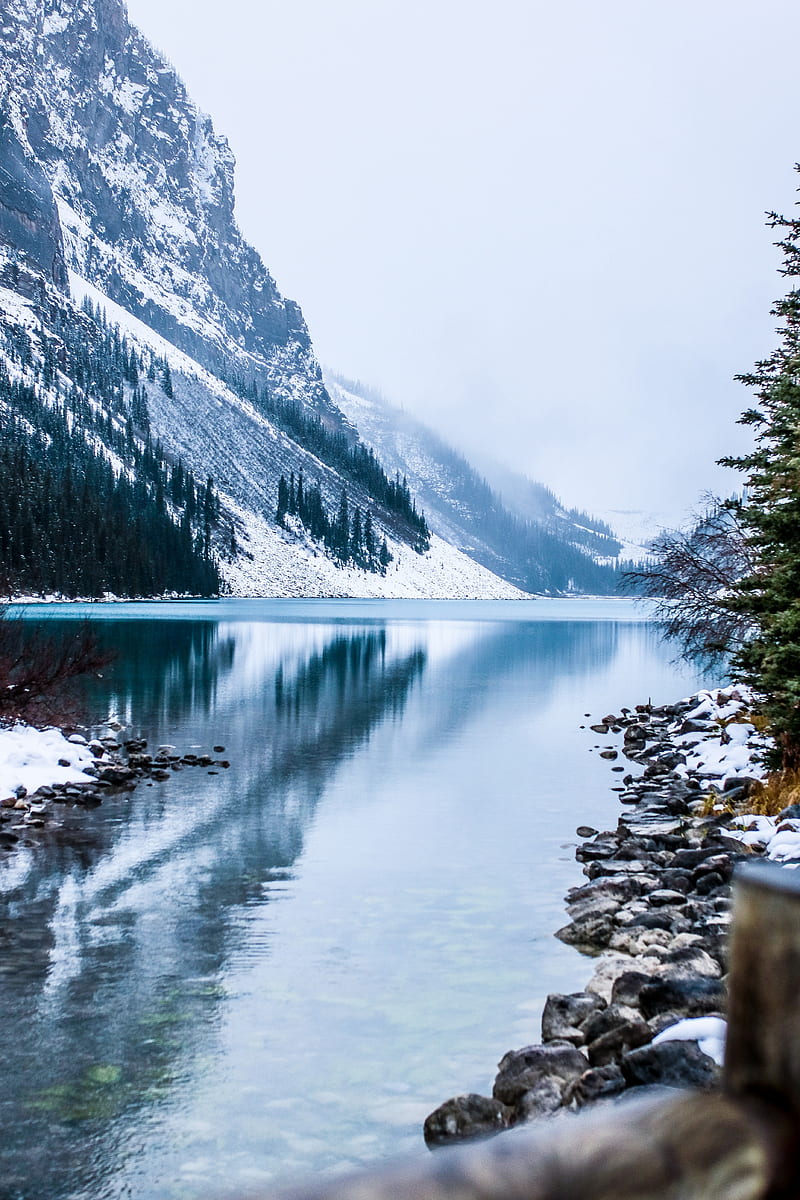 lake, mountain, fog, snowy, mountain landscape, canada, HD phone wallpaper
