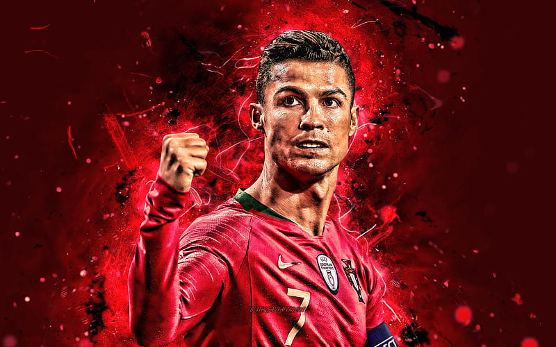 Cristiano Ronaldo, 2019, Portugal National Team, soccer, CR7, neon lights, close-up, joyful Cristiano Ronaldo, Portuguese football team, HD wallpaper