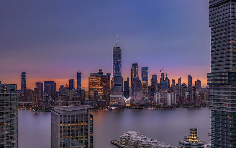 New York City, One World Trade Center, evening, sunset, skyscrapers, New York cityscape, USA, HD wallpaper