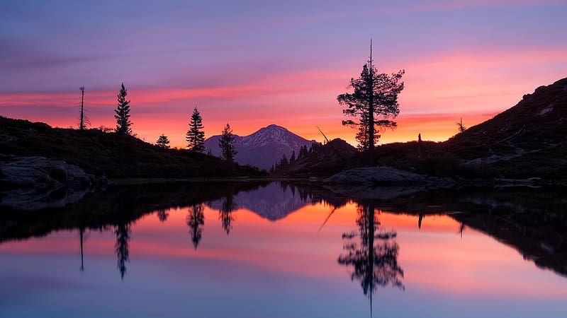 Mount Shasta and Castle Lake, California, clouds, colors, trees, sky, mountains, water, usa, reflections, landscape, HD wallpaper