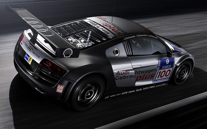 audi r8 lms, race modified, black, two seater, mid engine, silver, blue, HD wallpaper
