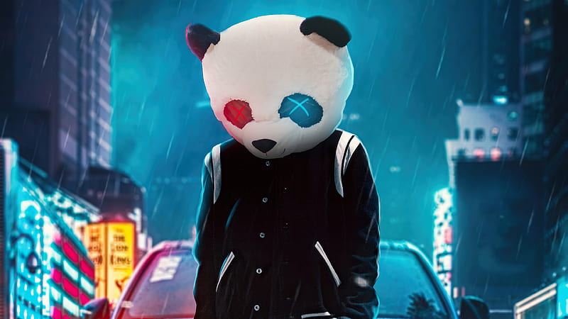 Panda Cool On Street , mask, alone, artist, artwork, digital-art, neon, HD wallpaper