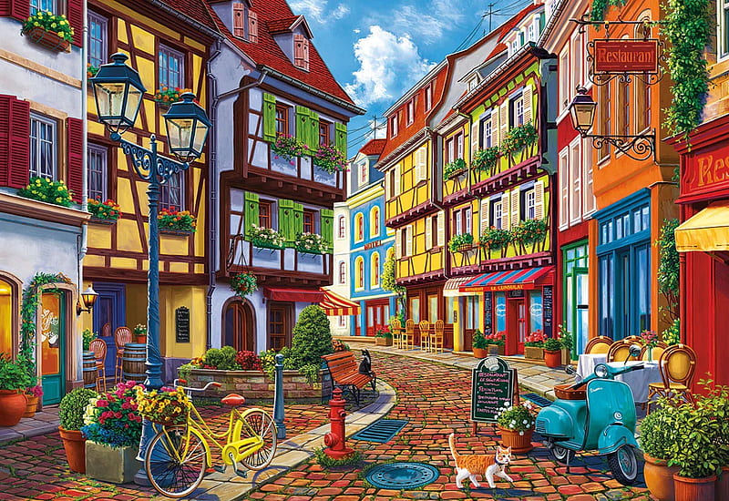 Old World Street, houses, town, artwork, painting, street, motorcycle, HD wallpaper