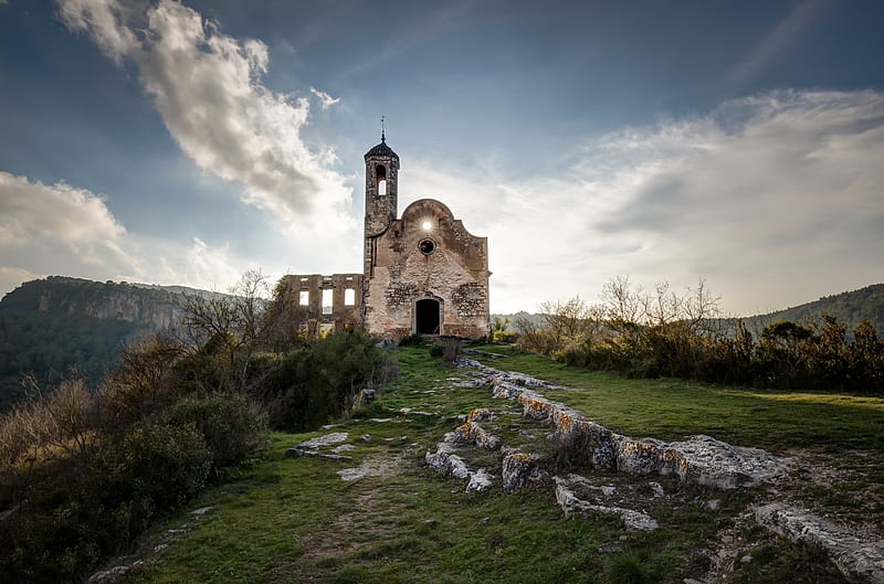 old church, ruins, clouds, architecture, sunlight, Landscape, HD wallpaper