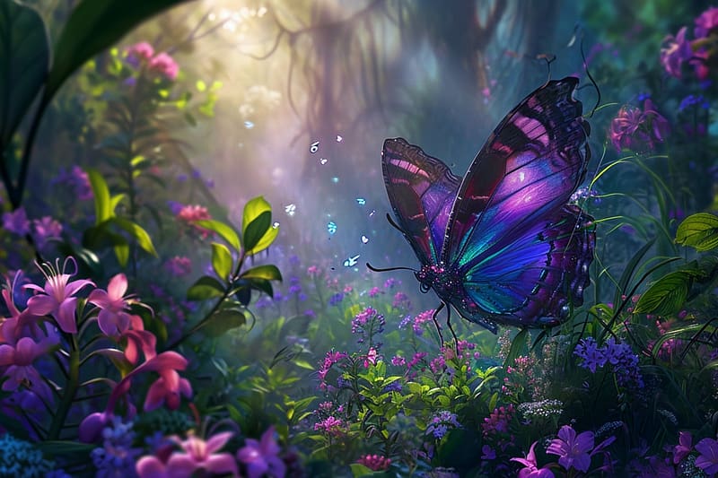 Colorful butterfly in the forest, erdo, szines viragok, magikus, napfeny, novenyzet, pillango, fak, misztikus, atjaro, termeszet, levelek, elenk szinek, HD wallpaper