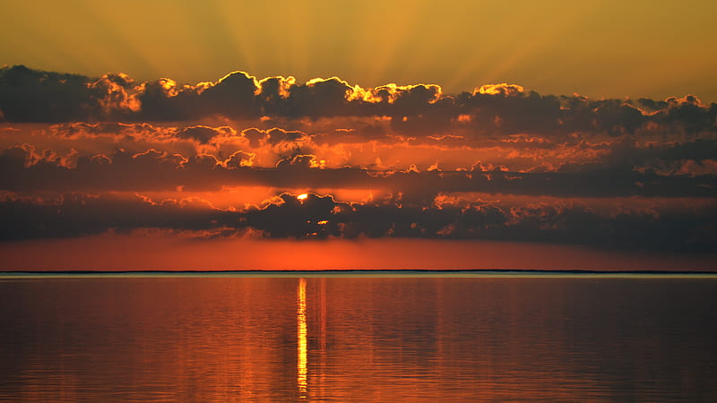 sunset, reflection, horizon, sea, clouds, HD wallpaper
