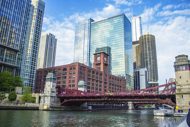 low-angle graphy of maroon bridge overlooking high-rise buildings during daytime, HD wallpaper