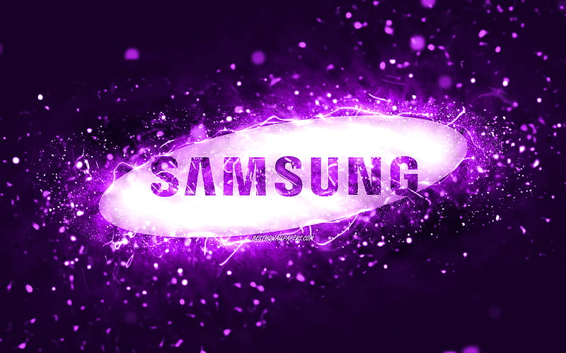Samsung violet logo violet neon lights, creative, violet abstract background, Samsung logo, brands, Samsung, HD wallpaper