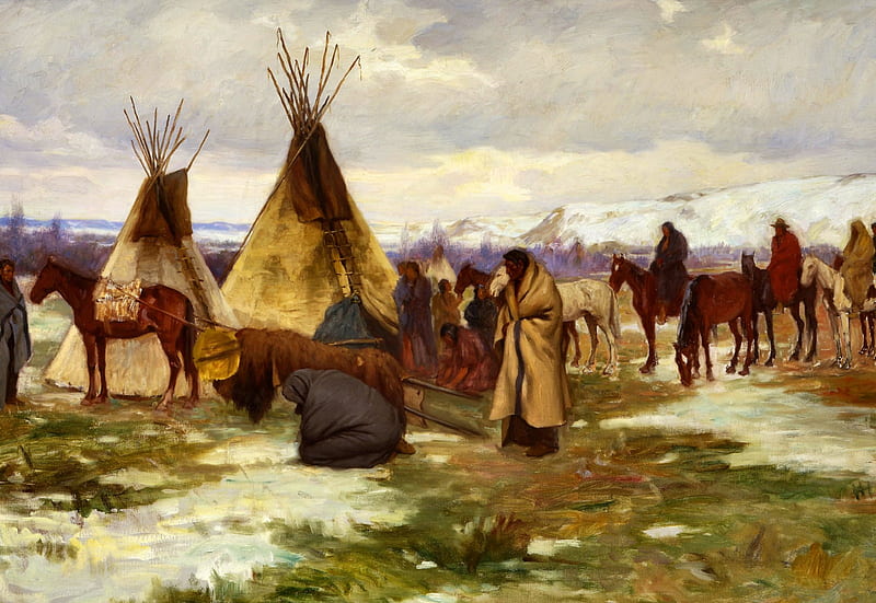 Burial Cortege , Old West, art, bonito, illustration, artwork, painting, wide screen, Native American, Crow, burial, HD wallpaper