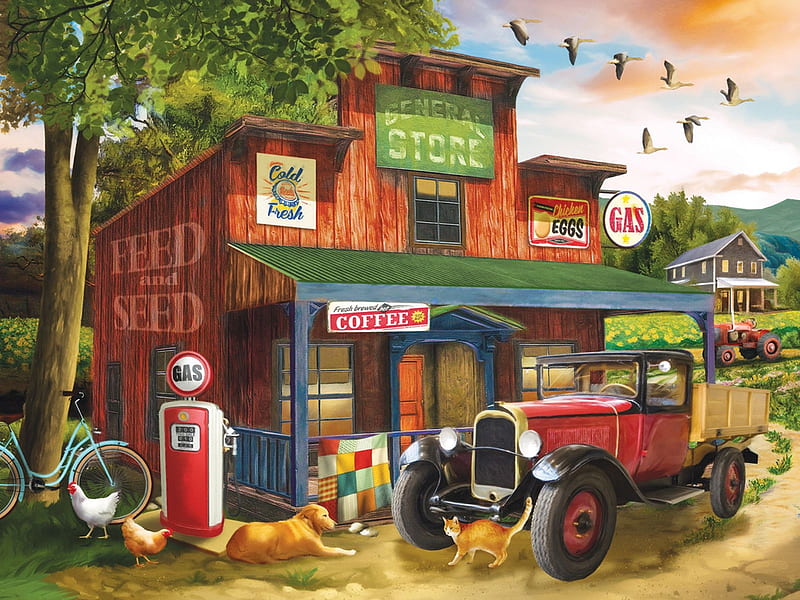 Picking up supplies, birds, poultry, car, painting, store, vintage, HD wallpaper