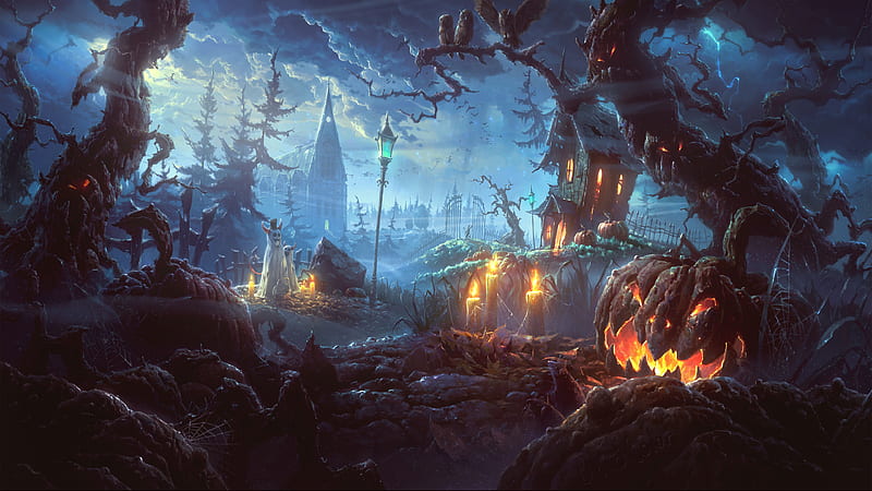halloween, backyard, candles, ghosts, creepy trees, Fantasy, HD wallpaper