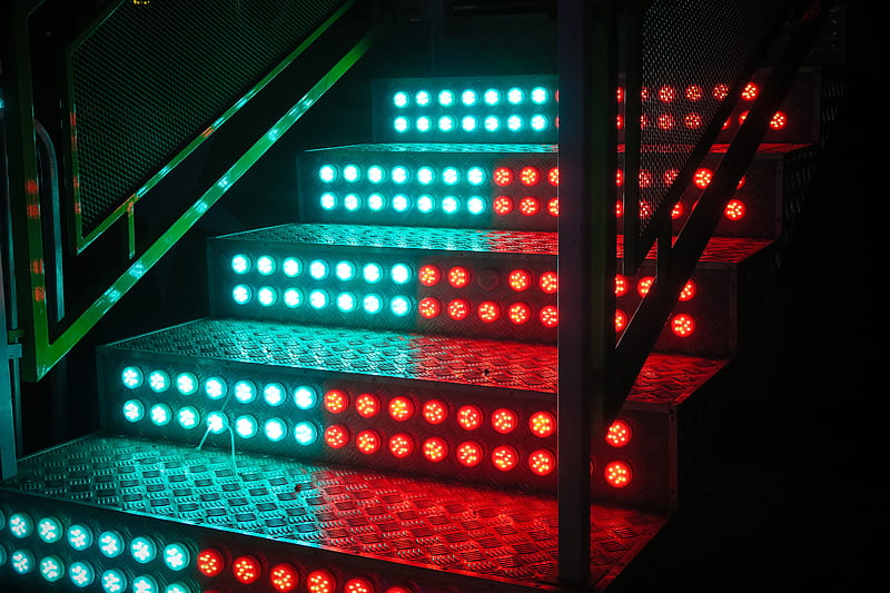 stairs, steps, backlight, neon, light bulbs, blue, red, HD wallpaper