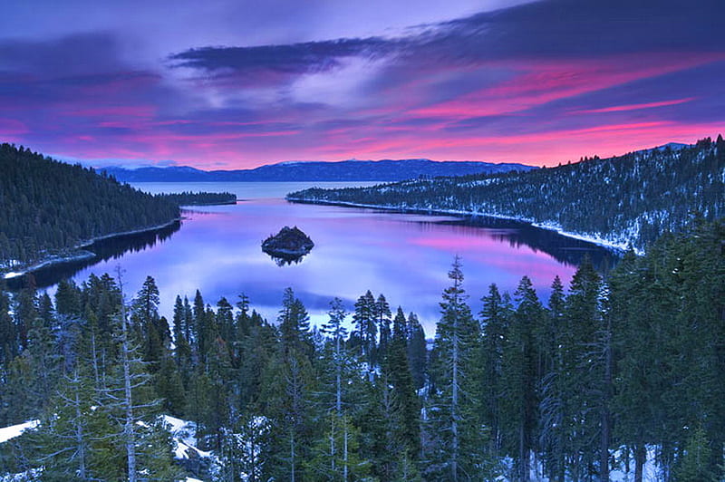 Blue view, rocks, green, cliffs, trees, clouds, pink, lake, blue, HD ...