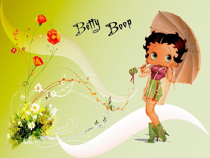 Betty Boop, umbrella, flowers, green, HD wallpaper