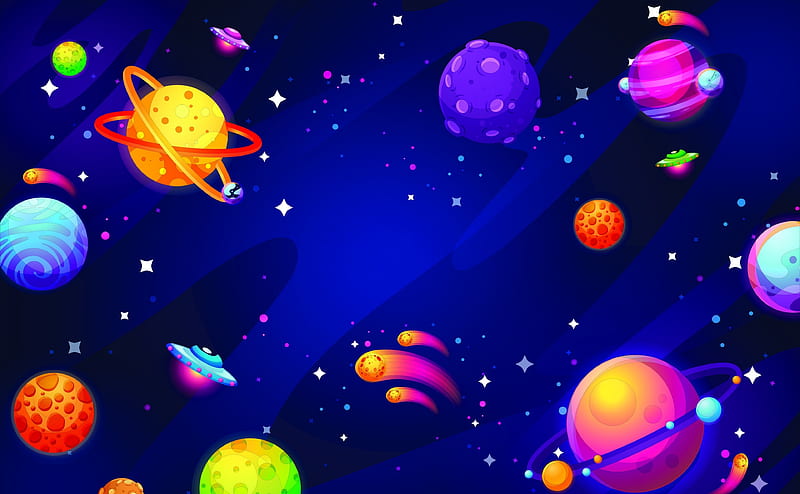 UFOs, Planets Ultra, Aero, Vector Art, Space, Planets, Illustration, Colorful, Aliens, spaceships, ufo, HD wallpaper