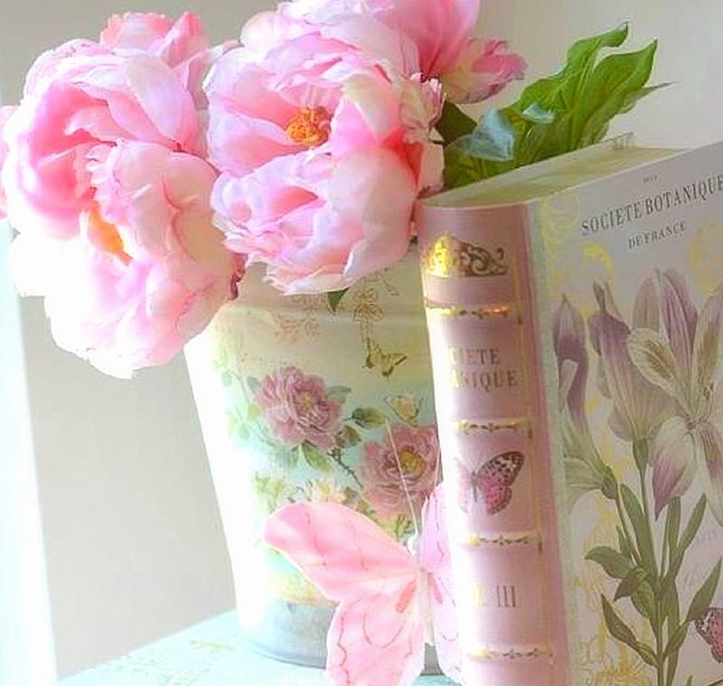 ..Peonies & Books.., lovely still life, chic, lovely, books, love four seasons, bonito, peonies, flowers, nature, butterfly designs, pink, HD wallpaper
