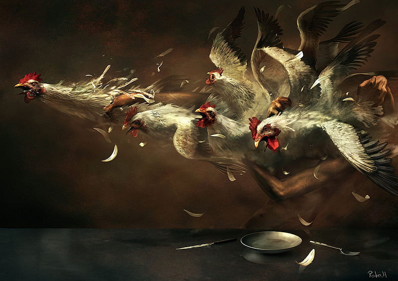 DINNER? YOU WANT DINNER? NOT US YOU WON`T!, oil painting, chicken flying, flight, pewetar plate, knife fork, HD wallpaper