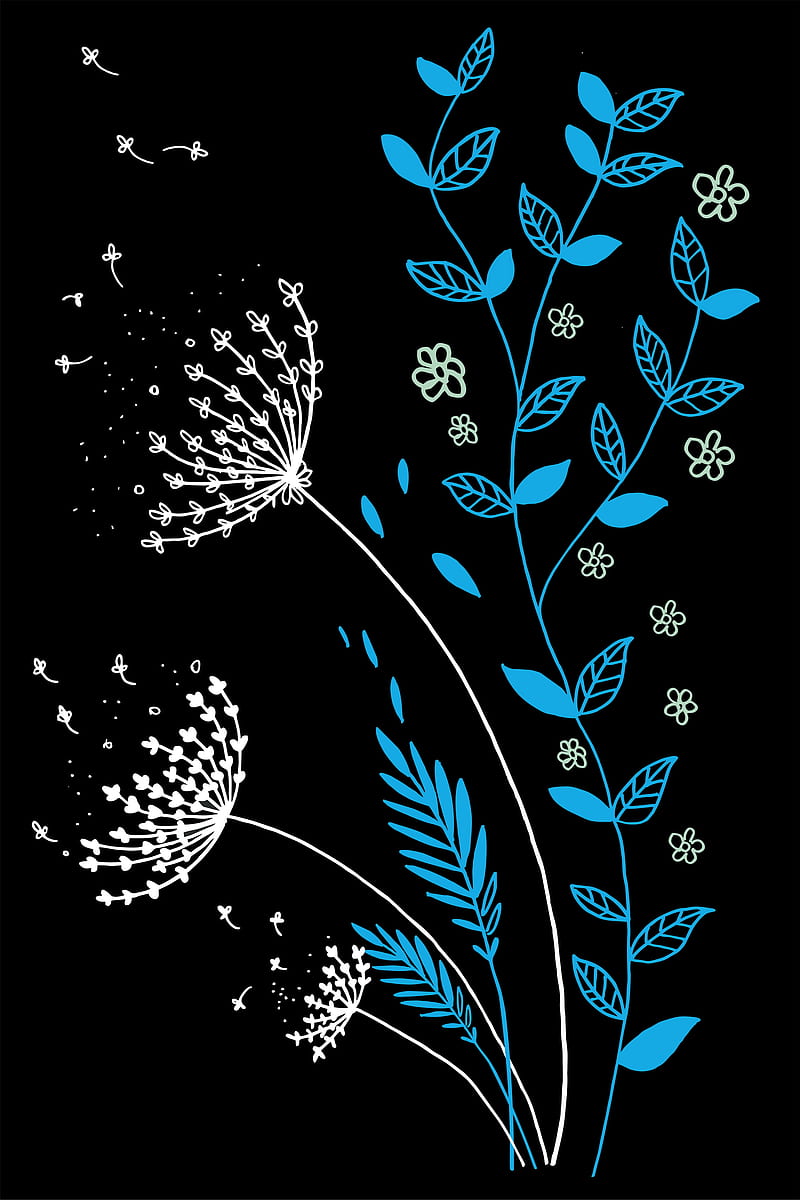 hand drawn floral, 2d, black, blue, dark, flat, flower, grass, hand drawn, simple, wild, HD phone wallpaper
