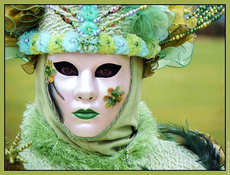 Venetian mask, green lips, feathers pom poms, white mask, costume, HD wallpaper