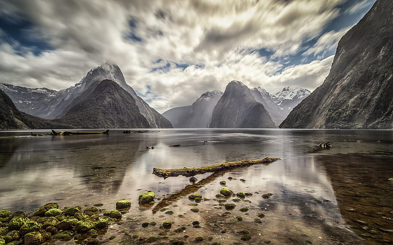 mountain landscape, bay, rocks, morning, New Zealand, HD wallpaper