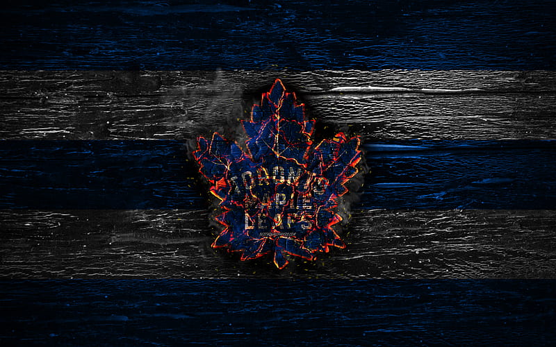 Toronto Maple Leafs, fire logo, NHL, blue and white lines, american hockey team, grunge, hockey, logo, Toronto Maple Leafs emblem, Eastern Conference, wooden texture, USA, HD wallpaper