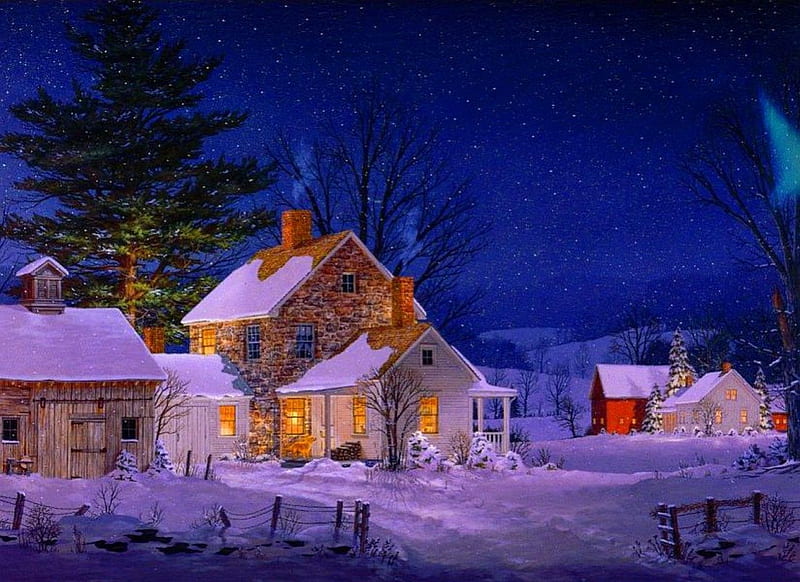 Winter cabins, fence, pretty, cottages, bonito, eve, lights, nice ...