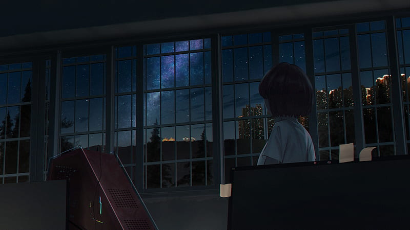 windows, night, short hair, anime girl, scenic, stars, Anime, HD wallpaper