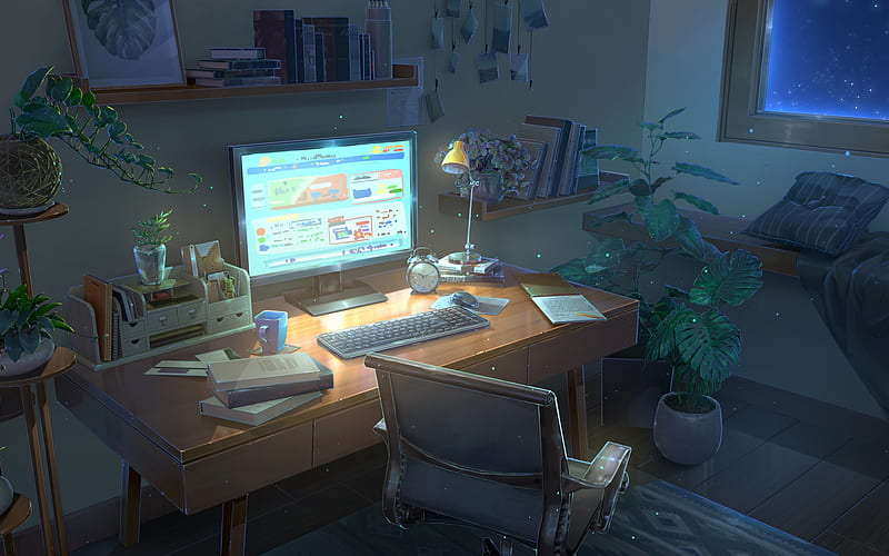 Computer Place, table, lamp, anime, interior, computer, room, chair, night, HD wallpaper