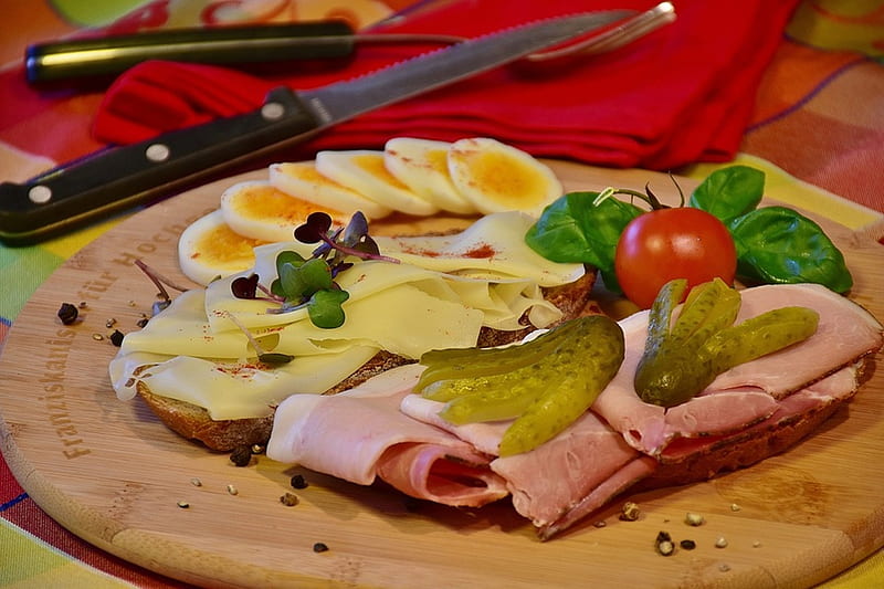 snack, food, yellow cheese, ham, pickled cucumbers, tomatoes, cool, bacon, eggs, tasty, HD wallpaper