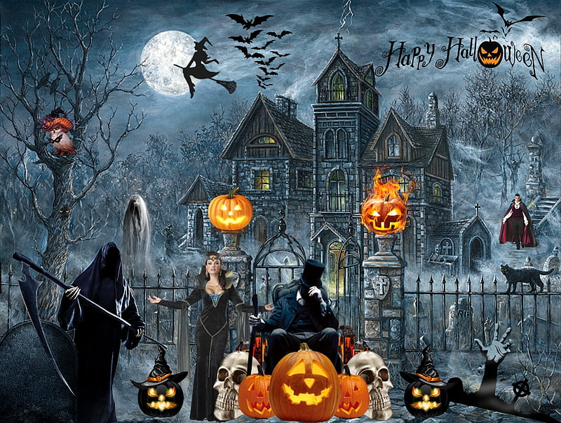 Welcome to Halloween House, house, bats, dracula, halloween, cats, pumpkins, witch, owl, moon, reaper, HD wallpaper