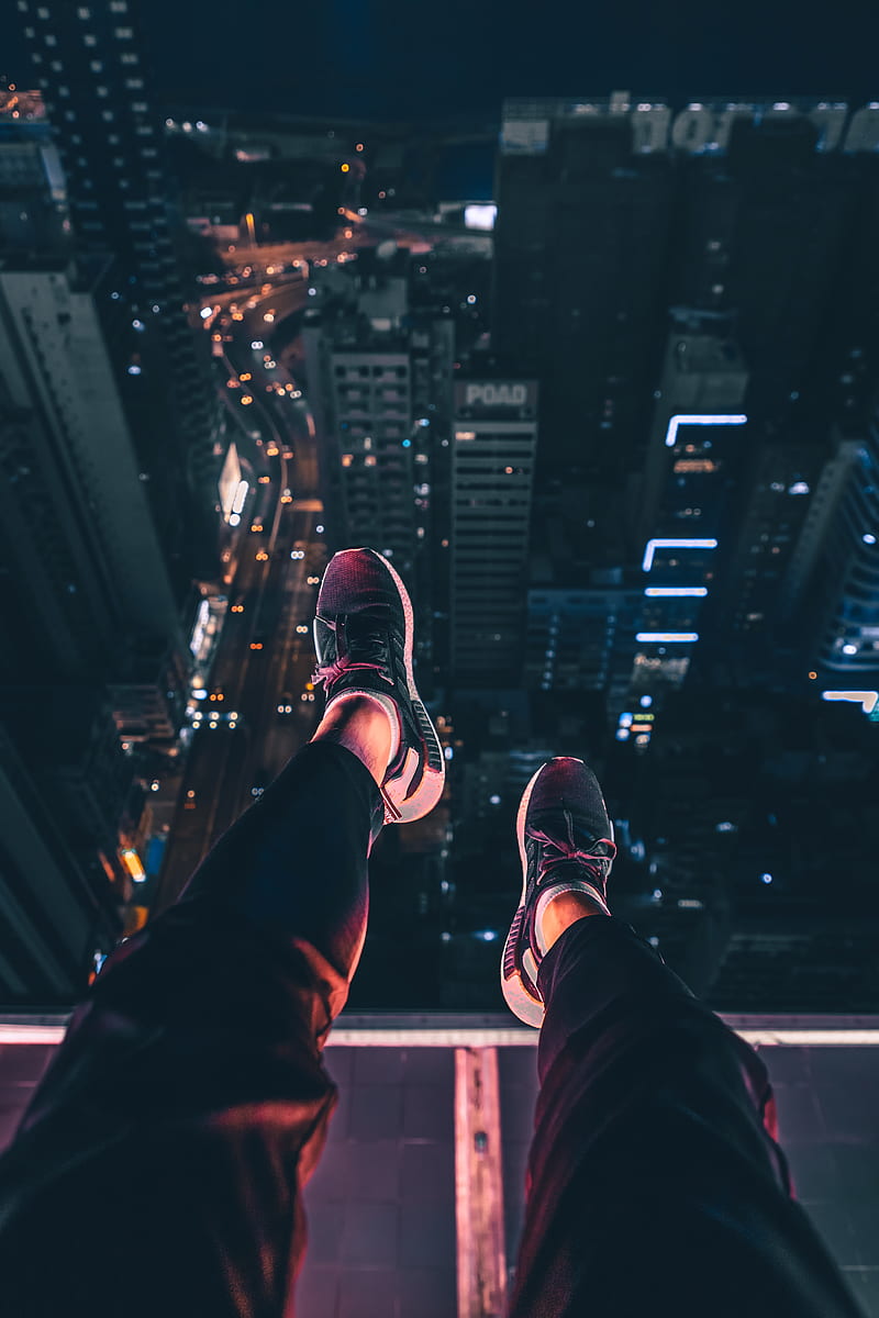 night city, feet, aerial view, overview, roof, night, HD phone wallpaper