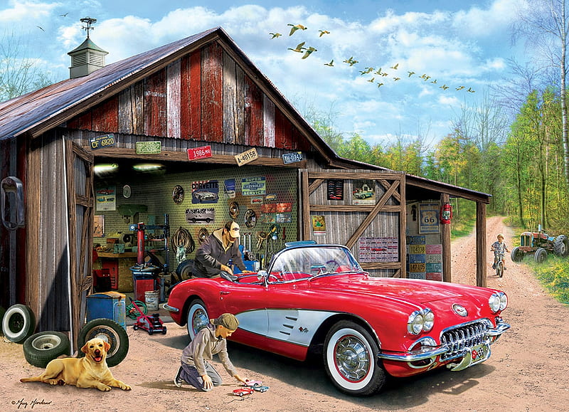 Out of Storage, painting, oldie, red corvette, car, vintage, HD wallpaper