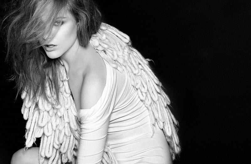 Evan Rachel Wood, wings, angel, black, woman, girl, bw, actress, white, HD wallpaper