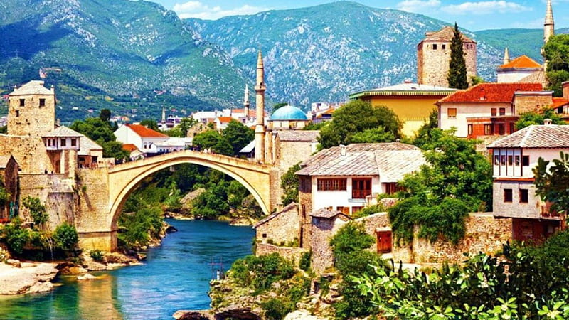 Old Bridge Over the Neretva River,Bosnia, cool, city, moster, bridge, mountains, nature, river, old, houses, HD wallpaper